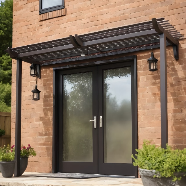 >Marquise pergola noire avec lanternes